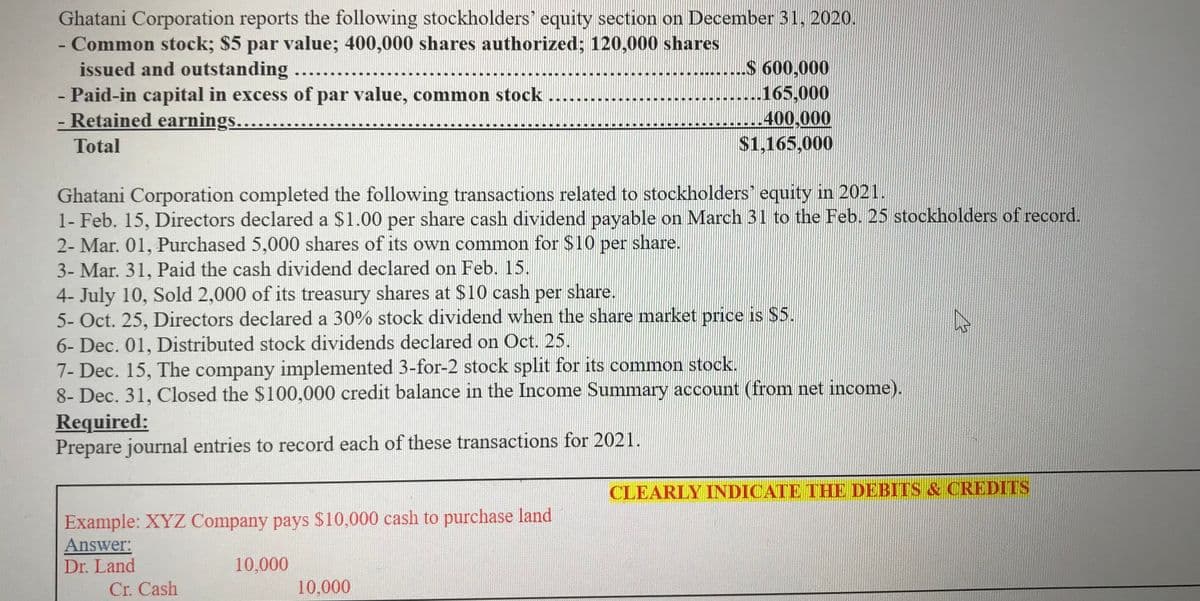 Ghatani Corporation reports the following stockholders' equity section on December 31, 2020.
- Common stock; $5 par value; 400,000 shares authorized; 120,000 shares
issued and outstanding
- Paid-in capital in excess of par value, common stock
- Retained earnings..
S 600,000
165,000
...400,000
$1,165,000
...
Total
Ghatani Corporation completed the following transactions related to stockholders' equity in 2021.
1- Feb. 15, Directors declared a $1.00 per share cash dividend payable on March 31 to the Feb. 25 stockholders of record.
2- Mar. 01, Purchased 5,000 shares of its own common for $10 per share.
3- Mar. 31, Paid the cash dividend declared on Feb. 15.
4- July 10, Sold 2,000 of its treasury shares at $10 cash per share.
5- Oct. 25, Directors declared a 30% stock dividend when the share market price is S5.
6- Dec. 01, Distributed stock dividends declared on Oct. 25.
7- Dec. 15, The company implemented 3-for-2 stock split for its common stock.
8- Dec. 31, Closed the $100,000 credit balance in the Income Summary account (from net income).
Required:
Prepare journal entries to record each of these transactions for 2021.
CLEARLY INDICATE THE DEBITS & CREDITS
Example: XYZ Company pays $10,000 cash to purchase land
Answer:
Dr. Land
Cr. Cash
10,000
10,000
