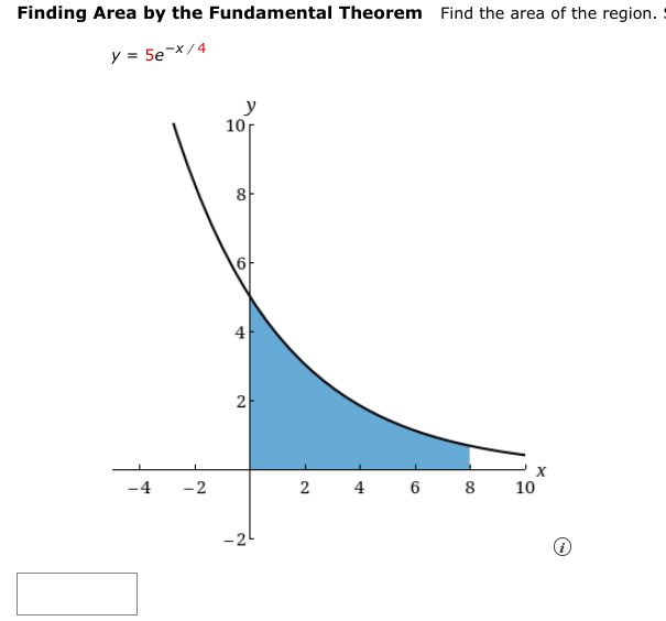 Finding Area by the Fundamental Theorem Find the area of the region.
y = 5e-x/4
-4
-2
y
10r
8
01
4
2
-2²
2 4
6 8
10
X