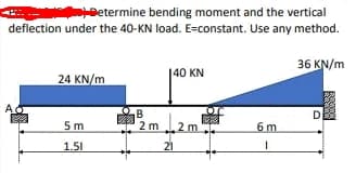 Determine bending moment and the vertical
deflection under the 40-KN load. E=constant. Use any method.
36 KN/m
140 KN
24 KN/m
A
5 m
2 m
2 m
6 m
1.51
