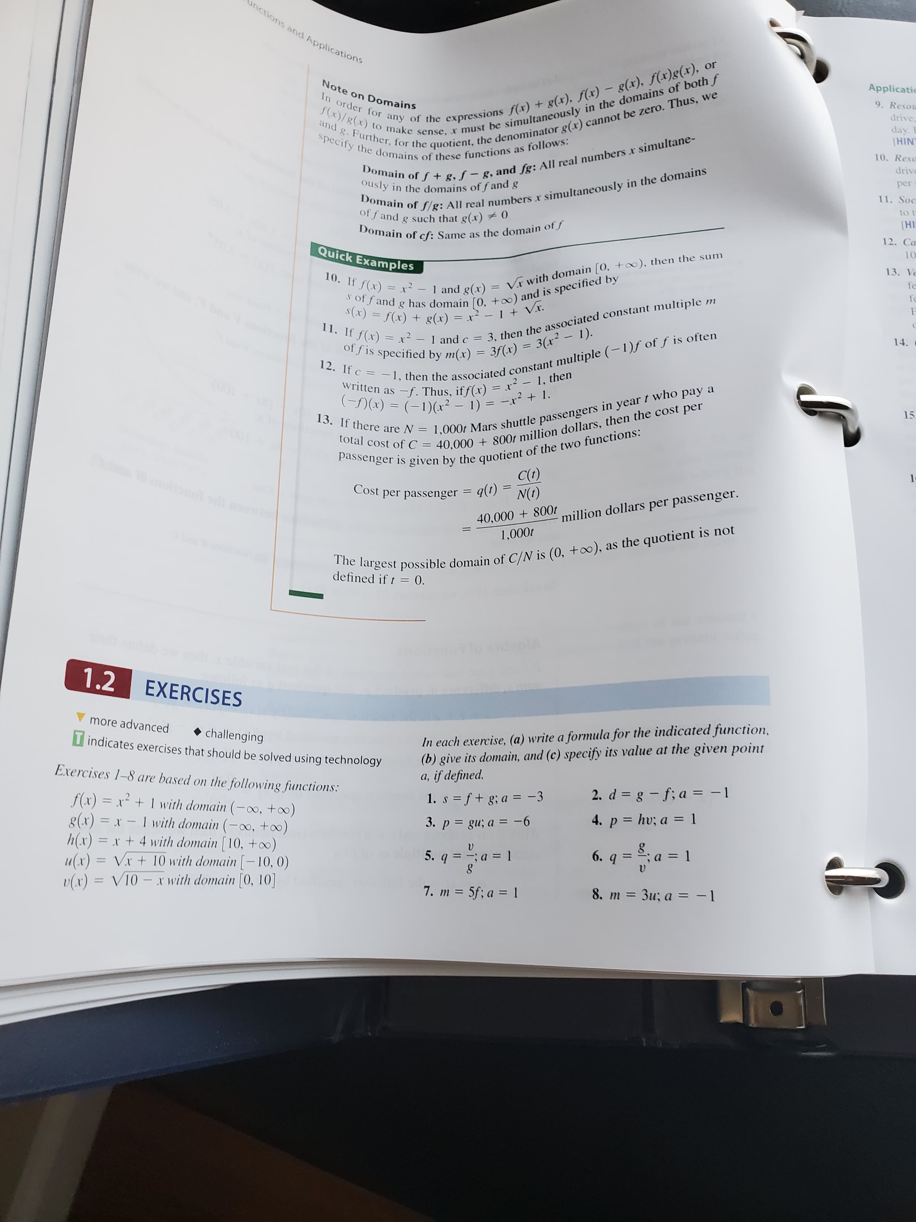 In each exercise, (a) write a formula for the indicated function,
(b) give its domain, and (c) specify its value at the given point
a, if defined.
2. d = g - f; a = -1
%3D
1. s = f+ g; a = -3
3. p = gu; a = -6
4. p = hv; a = 1
%3D
%3D
5. q = ; a = 1
6. q = 2; a = 1
;a3D1
7. m = 5f; a = 1
8. m 3u; a = -1
%3D
%3D
%3D
