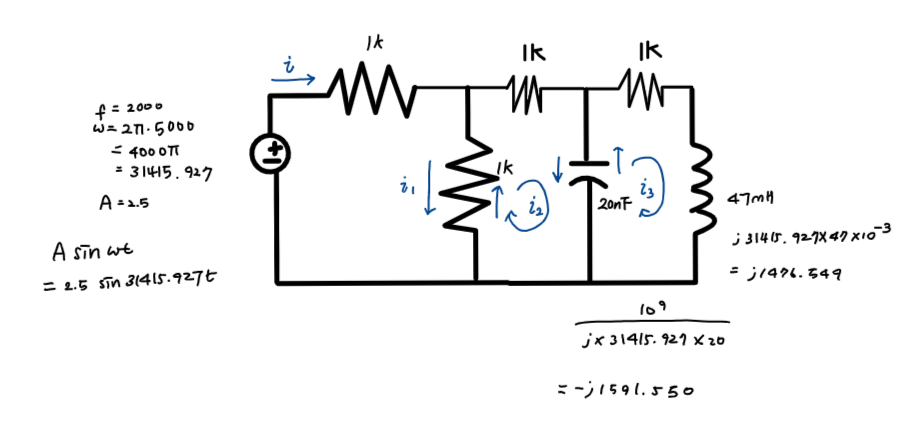 f = 2000
w = 271-5000
- 400 0TT
= 31415.927
A=2.5
A sin wt
= 2.5 sin 31415.927t
Ik
ww
i,
Ik
Ik
IK
M
20nF
109
jx 31415.921 x 20
=-;1591.550
47mH
j31415.927x47x10-3
=;1476.549