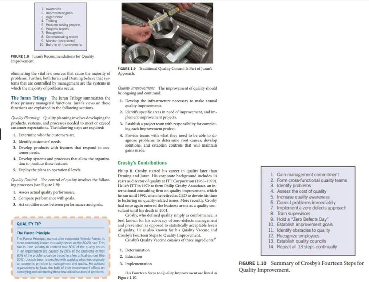 1. Awareness
2. Improvement goals
3. Organization
4. Training
5. Problem solving projects
6. Progress reports
7. Recognition
8. Communicating results
9. Monitor (keep score)
10. Build-in all improvements
FIGURE 1.8 Juran's Recommendations for Quality
Improvement.
FIGURE 1.9 Traditional Quality Control Is Part of Juran's
climinating the vital few sources that cause the majority of
problems. Further, both Juran and Deming believe that sys-
tems that are controlled by management are the systems in
which the majority of problems occur.
Approach.
Quality Improvement The improvement of quality should
be ongoing and continual:
The Juran Trilogy The Juran Trilogy summarizes the
three primary managerial functions. Juran's views on these
functions are explained in the following sections.
1. Develop the infrastructure necessary to make annual
quality improvenments.
2. Identify specific areas in need of improvement, and im-
plement improvement projects.
Quality Planning Quality planning involves developing the
products, systems, and processes needed to meet or exceed
customer expectations. The following steps are required:
3. Establish a project team with responsibility for complet-
ing each improvement project.
1. Determine who the customers are.
4. Provide teams with what they need to be able to di-
agnose problems to determine root causes, develop
solutions, and establish controls that will maintain
2. Identify customers' needs.
3. Develop products with features that respond to cus-
tomer needs.
gains made.
4. Develop systems and processes that allow the organiza-
Liuu lo produce lhese lealures.
5. Deploy the plans to operatlonal levels.
Crosby's Contributions
Philip B. Crosby started his career in quality later than
Deming and Juran. His corporate background includes 14
years as director of quality at ITT Corporation (1965–1979).
Ile left ITT in 1979 to form l'hilip Crosby Associatcs, an in-
ternational consulting firm on quality improvement, which
he ran until 1992, when he retired as CEO to devote his time
to lecturing on quality-related issues. More recently, Crosby
had once again entered the business arena as a quality con-
sultant until his death in 2001.
Crosby, who defined quality simply as conformance, is
best known for his advocacy of zero-defects management
and prevention as opposed to statistically acceptable levels
of quality. He is also known for his Quality Vaccine and
Crosby's Fourteen Steps to Quality Improvement.
Crosby's Quality Vaccine consists of three ingredients:"
1. Gain management commitment
2. Form cross-functional quality teams
3. Identify problems
4. Assess the cost of quality
5. Increase quality awarenes5
6. Correct problems immediately
7. Implement a zero defects approach
8. Train supervisors
9. Hold a "Zero Defects Day"
10. Establish improvement goals
11. Identify obstacles to quality
12. Recognize employees
13. Establish quality councils
14. Repeat all 13 steps continually
Quality Control The control of quality involves the follow-
ing processes (see Figure 1.9):
1. Assess actual quality performance.
2. Compare performance with goals.
3. Act on differences between performance and goals.
QUALITY TIP
The Pareto Principle
The Pareto Principle, named after economist Vilfredo Pareto, is
more commonly known in quality circles as the 80/20 rule. This
rule is used variably to contend that 80% of the quality issues
in an organization are caused by 20% of the problems or that
80% of the problems can be traced to a few critical sources (the
20%). Joseph Juran is credited with applying what was originaly
an economic principle to management and quality. He advised
organizations to focus the bulk of their improvement efforts on
identifying and eliminating these few critical sources of problems.
1. Determination
2. Education
FIGURE 1.10 Summary of Crosby's Fourteen Steps for
Quality Improvement.
3. Implementation
His Fourtcen Steps to Quality Improvement are listed in
Figure 1.10.
