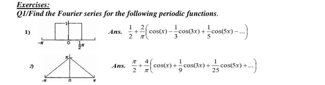 Exercises:
QI/Find the Fourier series for the following periodic functions.
2
1
+
2
1)
Ans.
cos(x) –
cos
cos(9) + cos(3r) +
1
cos(3x) +
1
cos(5x) +.
25
2)
Ans.
