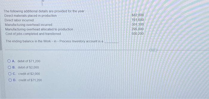 The following additional details are provided for the year.
Direct materials placed in production
Direct labor incurred
Manufacturing overhead incurred
Manufacturing overhead allocated to production
Cost of jobs completed and transferred
The ending balance in the Work-in-Process Inventory account is a
OA. debit of $71,200
B. debit of $2,000
OC. credit of $2,000
OD. credit of $71,200
$82,800
191,600
301,300
295,000
500,200
GIRLAY