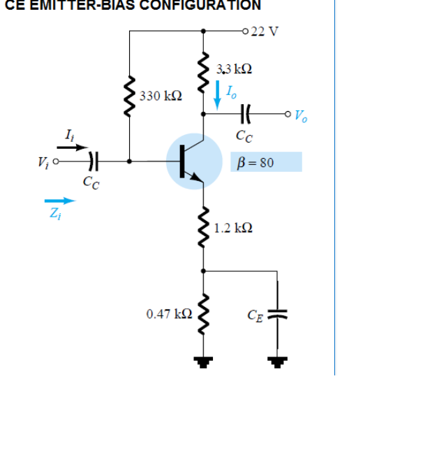 CE EMITTER-BIAS CONFIGURATION
0 22 V
3.3 kQ
330 k2
Cc
V; o
B = 80
Cc
' 1.2 kN
0.47 kN
CE
