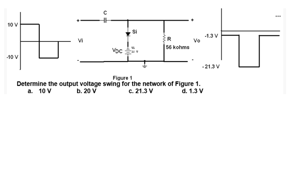 10 V
Si
-1.3 V
Vo
Vi
56 kohms
VDc
-10 V
-21.3 V
Figure 1
Determine the output voltage swing for the network of Figure 1.
a. 10 V
b. 20 V
c. 21.3 V
d. 1.3 V
