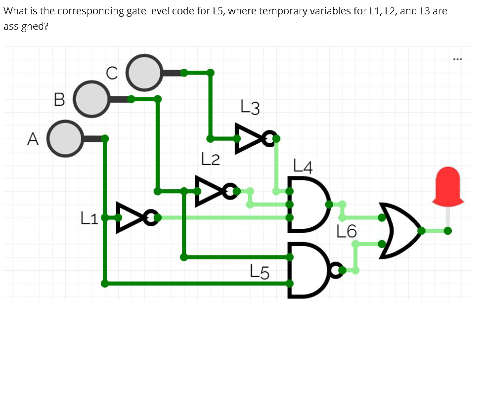 What is the corresponding gate level code for L5, where temporary variables for L1, L2, and L3 are
assigned?
...
В
L3
A
L2
L4
D.
D:
L1
L6
L5
