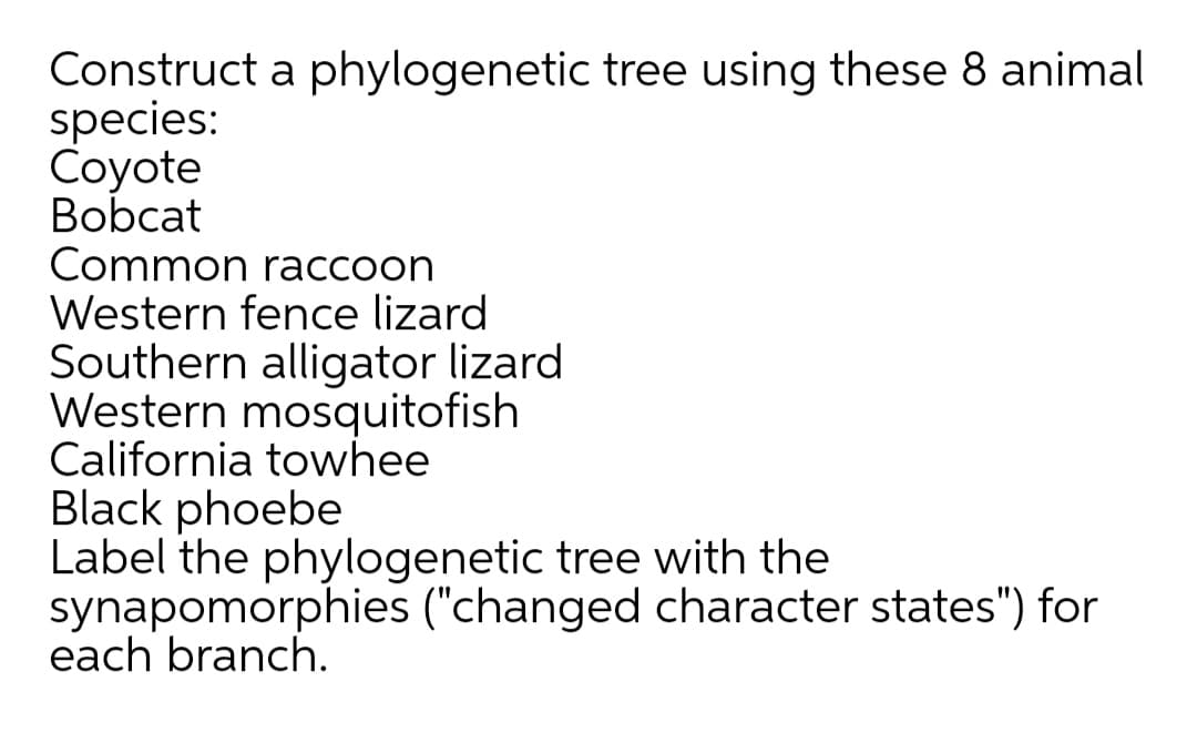 Construct a phylogenetic tree using these 8 animal
species:
Coyote
Bobcat
Common raccoon
Western fence lizard
Southern alligator lizard
Western mosquitofish
California towhee
Black phoebe
Label the phylogenetic tree with the
synapomorphies ("changed character states") for
each branch.
