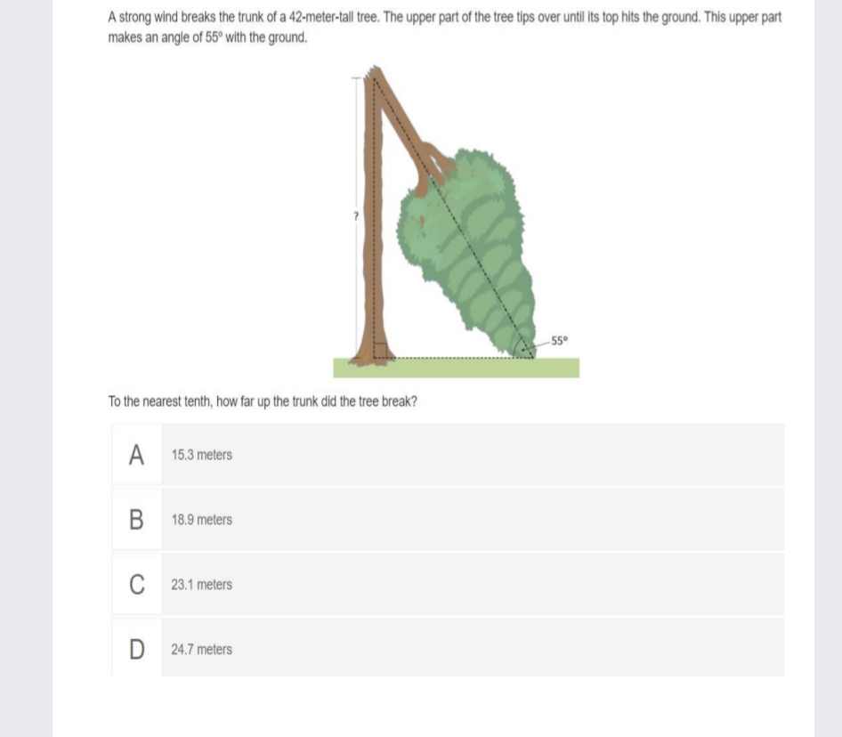 A strong wind breaks the trunk of a 42-meter-tall tree. The upper part of the tree tips over until its top hits the ground. This upper part
makes an angle of 55° with the ground.
-550
To the nearest tenth, how far up the trunk did the tree break?
A
A 15.3 meters
B 18.9 meters
C 23.1 meters
D 24.7 meters
