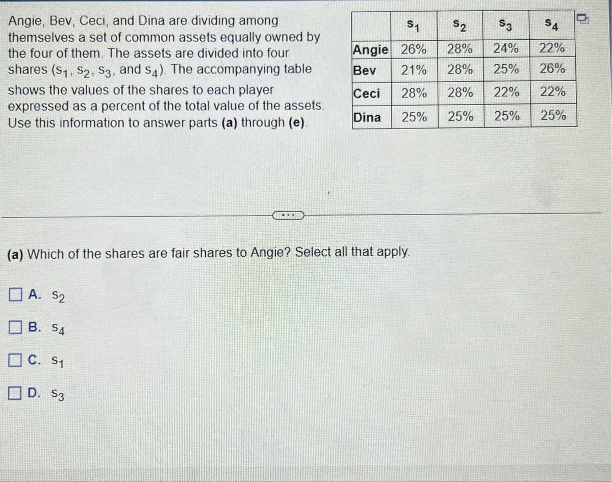 Angie, Bev, Ceci, and Dina are dividing among
themselves a set of common assets equally owned by
the four of them. The assets are divided into four
shares (S₁, S2, S3, and s4). The accompanying table
shows the values of the shares to each player
expressed as a percent of the total value of the assets.
Use this information to answer parts (a) through (e).
(a) Which of the shares are fair shares to Angie? Select all that apply.
A. $2
B. S4
C. 51
D. $3
$1
Angie 26%
Bev 21%
Ceci 28% 28% 22%
Dina
25%
25%
25%
$2
$3
$4
28% 24%
22%
28% 25% 26%
22%
25%