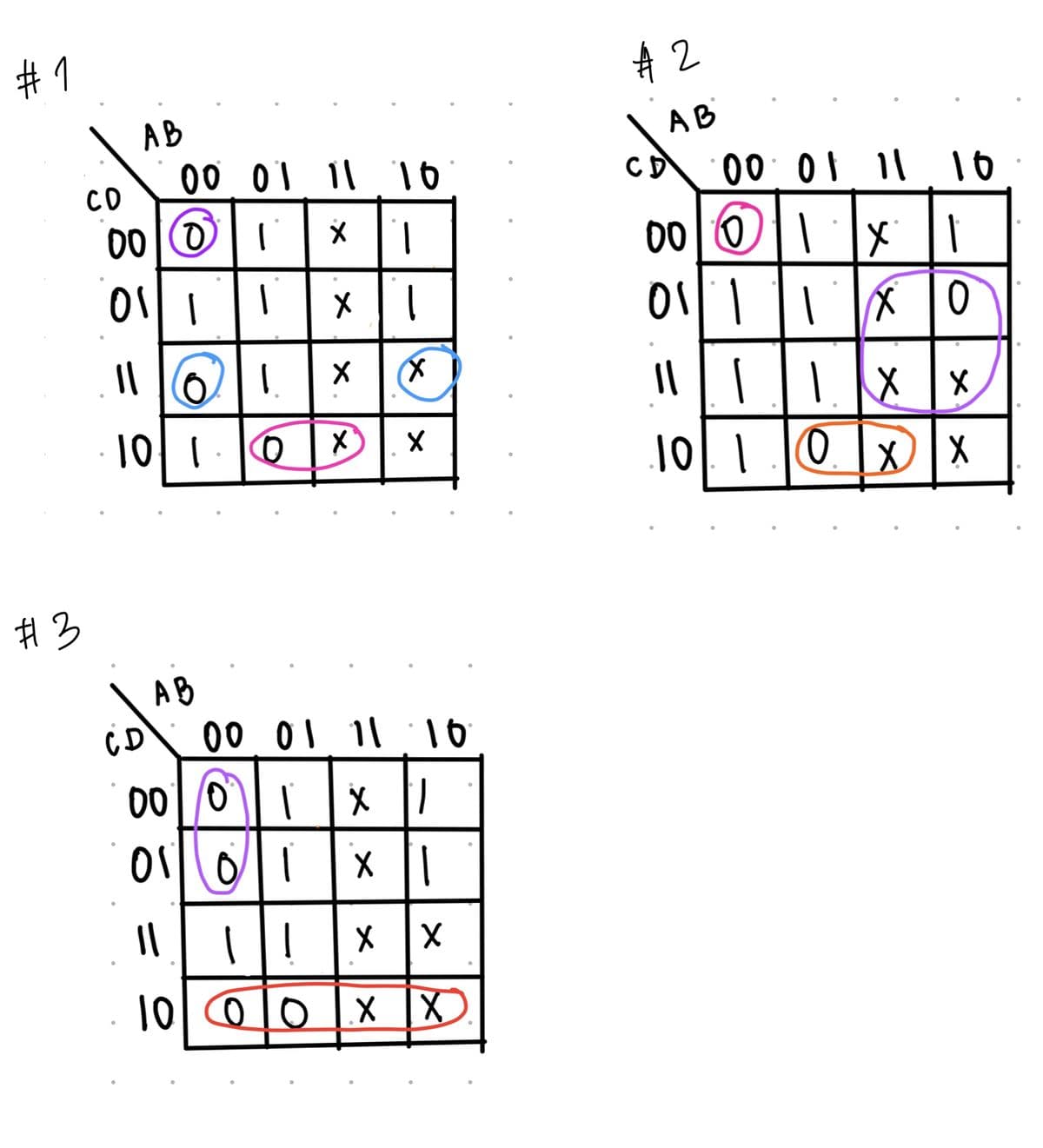 #1
#З
AB
00 01 11 10
СО
000 | | | × | |
OV| | ||
11 61. [x
0| 1 |01
86 =
X I
00/0
I
x
AB
CD 00 01 11 10
0| | |x ||
0| 1 | × ||
о X X
x|x| |
10 010 1x 1
X X
А 2
AB
CD 00 01 11 10
x| ||0|00
||| | ||
Х
O|| | || |x|0
|
0| | |01
x/x
0. | x | x