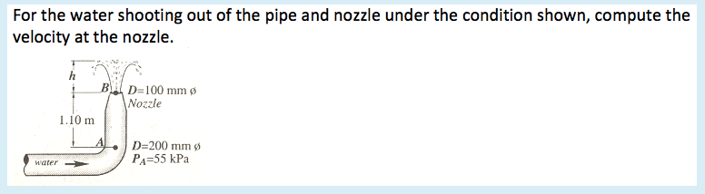 For the water shooting out of the pipe and nozzle under the condition shown, compute the
velocity at the nozzle.
h
B D=100 mm ø
Nozzle
1.10 m
D=200 mm ø
PA=55 kPa
water
