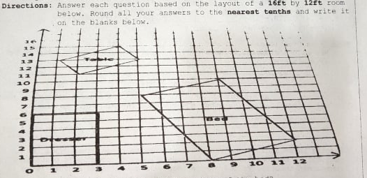 Directions: Answer each question based on the layout of a 16ft by 12ft room
below. Round all your answers to the nearest tenths and write it
on the blanks below.
14
13
12
11
10
Bed
10 11
12
