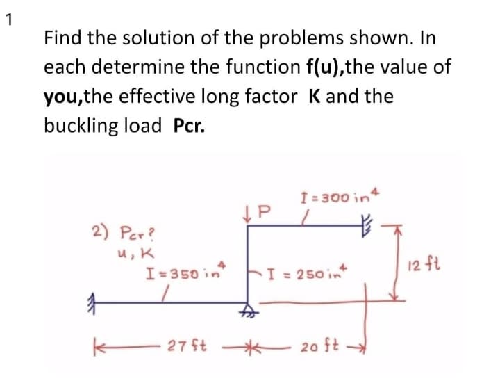 1
Find the solution of the problems shown. In
each determine the function f(u),the value of
you,the effective long factor K and the
buckling load Pcr.
I = 300 int
2) Per?
u, K
I= 350 in
12 fl
4
FI = 250 int
27 ft
20 ft
