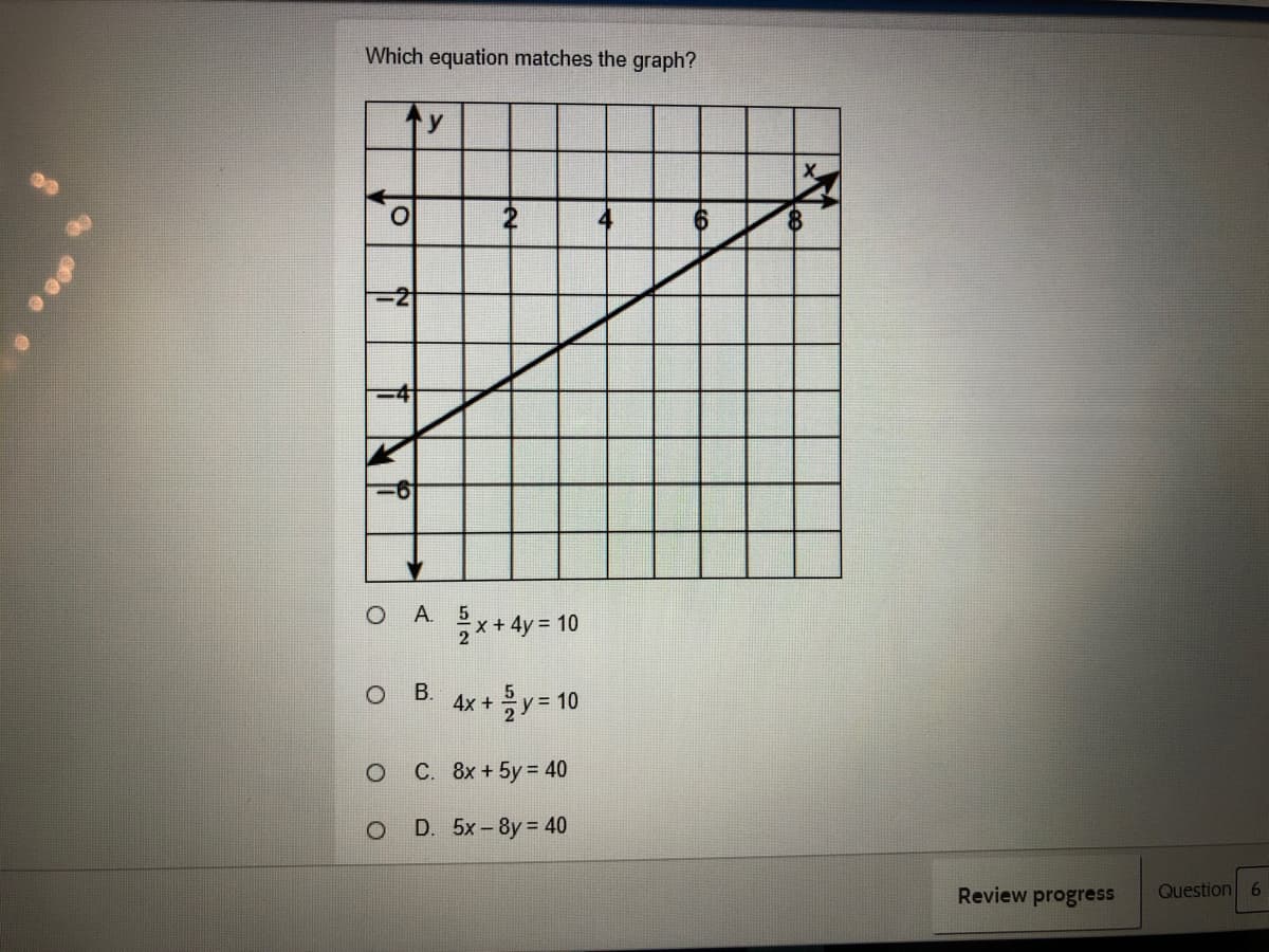 Which equation matches the graph?
2
-D4
A. 5
*+ 4y = 10
B.
4x +
y 10
C. 8x + 5y = 40
D. 5x-8y 40
Review progress
Question 6
