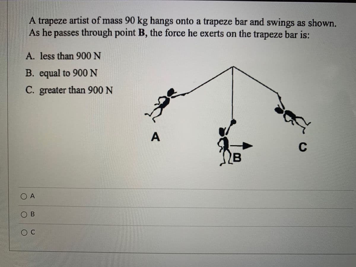 A trapeze artist of mass 90 kg hangs onto a trapeze bar and swings as shown.
As he passes through point B, the force he exerts on the trapeze bar is:
A. less than 900 N
B. equal to 900N
C. greater than 900 N
A
C
B
B
