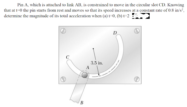 Pin A, which is attached to link AB, is constrained to move in the circular slot CD. Knowing
that at t=0 the pin starts from rest and moves so that its speed increases at a constant rate of 0.8 in/s²,
determine the magnitude of its total acceleration when (a) t=0, (b) t=2
D
C
3.5 in.
В
