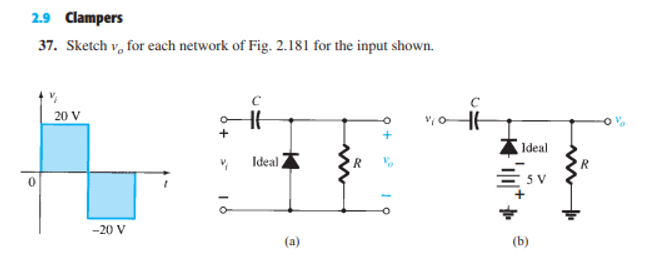 2.9 Clampers
37. Sketch v, for each network of Fig. 2.181 for the input shown.
20 V
Ideal
Ideal
-20 V
(a)
(b)
