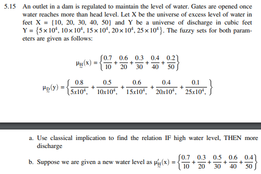 5.15 An outlet in a dam is regulated to maintain the level of water. Gates are opened once
water reaches more than head level. Let X be the universe of excess level of water in
feet X = {10, 20, 30, 40, 50) and Y be a universe of discharge cubic feet
Y = (5x10, 10x 104, 15× 10, 20x10, 25 x 104}. The fuzzy sets for both param-
eters are given as follows:
={17+
(0.7 0.6 0.3 0.4 0.21
10 20 + 30
+
+ +
40 50
P(x):
Pp(y) = {018-
{5010
0.6
0.4
+ 100-150% + 15x104, +20010², + 25x10², }
a. Use classical implication to find the relation IF high water level, THEN more
discharge
(0.7 0.3 0.5 0.6 0.4
+ + +
10 20 30 40 50
b. Suppose we are given a new water level as py(x) = {07 +