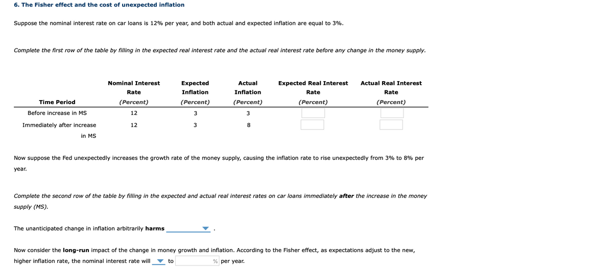 6. The Fisher effect and the cost of unexpected inflation
Suppose the nominal interest rate on car loans is 12% per year, and both actual and expected inflation are equal to 3%.
Complete the first row of the table by filling in the expected real interest rate and the actual real interest rate before any change in the money supply.
Nominal Interest
Expected
Actual
Expected Real Interest
Actual Real Interest
Rate
Inflation
Inflation
Rate
Rate
Time Period
(Percent)
(Percent)
(Percent)
(Percent)
(Percent)
Before increase in MS
12
Immediately after increase
12
3
8.
in MS
Now suppose the Fed unexpectedly increases the growth rate of the money supply, causing the inflation rate to rise unexpectedly from 3% to 8% per
year.
Complete the second row of the table by filling in the expected and actual real interest rates on car loans immediately after the increase in the money
supply (MS).
The unanticipated change in inflation arbitrarily harms
Now consider the long-run impact of the change in money growth and inflation. According to the Fisher effect, as expectations adjust to the new,
higher inflation rate, the nominal interest rate will
to
% per year.
