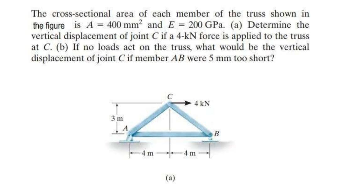 The cross-sectional area of each member of the truss shown in
the figure is A = 400 mm² and E = 200 GPa. (a) Determine the
vertical displacement of joint C if a 4-kN force is applied to the truss
at C. (b) If no loads act on the truss, what would be the vertical
displacement of joint C if member AB were 5 mm too short?
3 m
4 m
C
(a)
4 kN
4 m
B