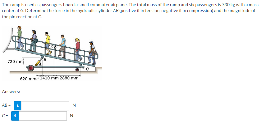 The ramp is used as passengers board a small commuter airplane. The total mass of the ramp and six passengers is 730 kg with a ma
mass
center at G. Determine the force in the hydraulic cylinder AB (positive if in tension, negative if in compression) and the magnitude of
the pin reaction at C.
720 mm
Answers:
8
AB= i
620 mm-
C= i
'В
G
1410 mm 2880 mm
N
N