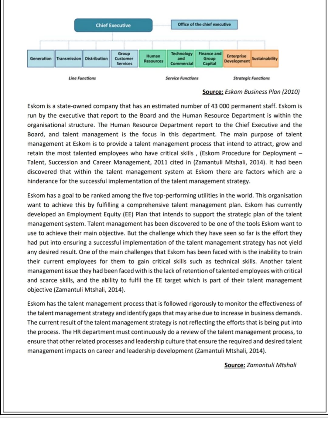 Chief Executive
Office of the chief executive
Group
Customer
Services
Technology Finance and
and
Commercial
Enterprise
Development Sustainability
Human
Generation Transmission Distribution
Group
Capital
Resources
Line Functions
Service Functions
Strategic Functions
Source: Eskom Business Plan (2010)
Eskom is a state-owned company that has an estimated number of 43 000 permanent staff. Eskom is
run by the executive that report to the Board and the Human Resource Department is within the
organisational structure. The Human Resource Department report to the Chief Executive and the
Board, and talent management is the focus in this department. The main purpose of talent
management at Eskom is to provide a talent management process that intend to attract, grow and
retain the most talented employees who have critical skills , (Eskom Procedure for Deployment –
Talent, Succession and Career Management, 2011 cited in (Zamantuli Mtshali, 2014). It had been
discovered that within the talent management system at Eskom there are factors which are a
hinderance for the successful implementation of the talent management strategy.
Eskom has a goal to be ranked among the five top-performing utilities in the world. This organisation
want to achieve this by fulfilling a comprehensive talent management plan. Eskom has currently
developed an Employment Equity (EE) Plan that intends to support the strategic plan of the talent
management system. Talent management has been discovered to be one of the tools Eskom want to
use to achieve their main objective. But the challenge which they have seen so far is the effort they
had put into ensuring a successful implementation of the talent management strategy has not yield
any desired result. One of the main challenges that Eskom has been faced with is the inability to train
their current employees for them to gain critical skills such as technical skills. Another talent
management issue they had been faced with is the lack of retention of talented employees with critical
and scarce skills, and the ability to fulfil the EE target which is part of their talent management
objective (Zamantuli Mtshali, 2014).
Eskom has the talent management process that is followed rigorously to monitor the effectiveness of
the talent management strategy and identify gaps that may arise due to increase in business demands.
The current result of the talent management strategy is not reflecting the efforts that is being put into
the process. The HR department must continuously do a review of the talent management process, to
ensure that other related processes and leadership culture that ensure the required and desired talent
management impacts on career and leadership development (Zamantuli Mtshali, 2014).
Source: Zamantuli Mtshali
