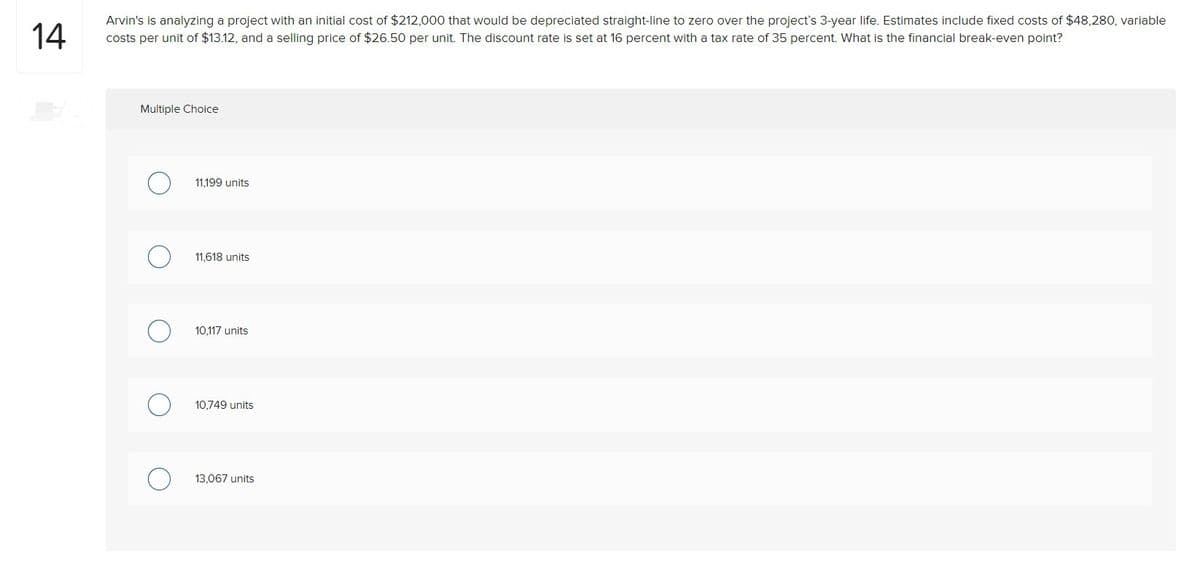 14
Arvin's is analyzing a project with an initial cost of $212,000 that would be depreciated straight-line to zero over the project's 3-year life. Estimates include fixed costs of $48,280, variable
costs per unit of $13.12, and a selling price of $26.50 per unit. The discount rate is set at 16 percent with a tax rate of 35 percent. What is the financial break-even point?
Multiple Choice
11,199 units
11,618 units
10,117 units
10,749 units
13,067 units