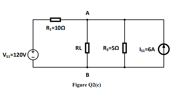 A
R1=100
RL ||
R3=50 ||
Isı=6A
Vs1=120V
B
Figure Q2(c)
