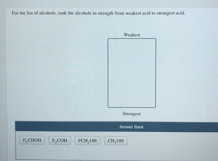 For the list of alcohols, rank the alcohols in strength from weakest acid to strongest acid.
Weakest
Strongest
Answer Bank
F₂CHOH F, COH
FCH₂OH
CH₂OH