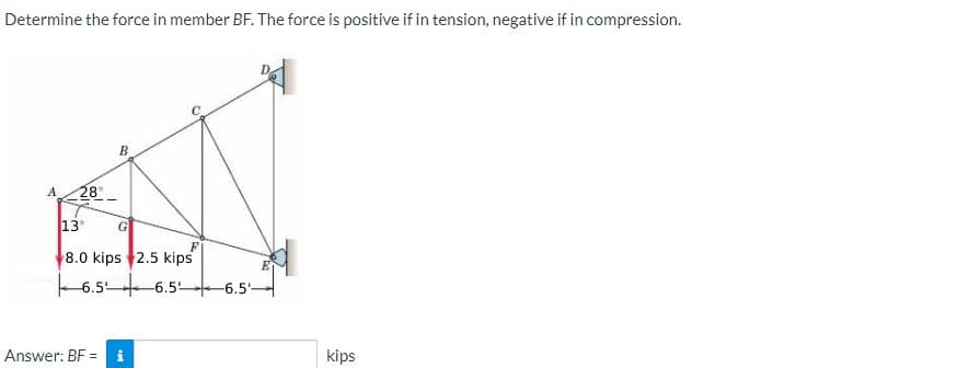 Determine the force in member BF. The force is positive if in tension, negative if in compression.
B
A
28
13
G
8.0 kips 2.5 kips
6.5 6.5-
-6.5-
Answer: BF = i
kips
w.
