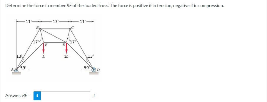 Determine the force in member BE of the loaded truss. The force is positive if in tension, negative if in compression.
11
13'
11'-
B.
17
17
E
13
L.
2L
13
59
59
Answer: BE =
i
L
