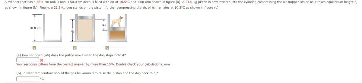 A cylinder that has a 38.5-cm radius and is 50.0 cm deep is filled with air at 10.5°C and 1.00 atm shown in figure (a). A 21.0-kg piston is now lowered into the cylinder, compressing the air trapped inside as it takes equilibrium height h;
as shown in figure (b). Finally, a 22.5-kg dog stands on the piston, further compressing the air, which remains at 10.5°C as shown in figure (c).
ΔΗ
50.0 cm
(a) How far down (Ah) does the piston move when the dog steps onto it?
Your response differs from the correct answer by more than 10%. Double check your calculations. mm
(b) To what temperature should the gas be warmed to raise the piston and the dog back to h;?
°C

