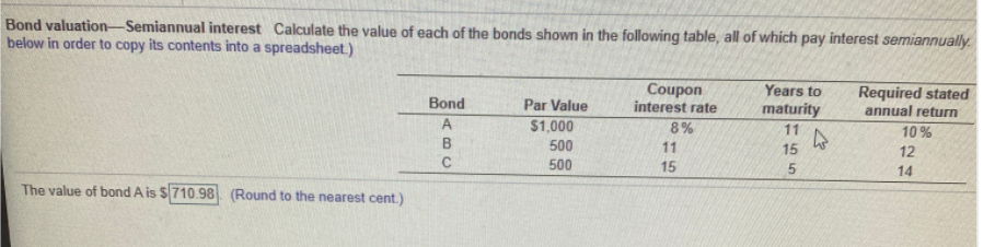 Bond valuation-Semiannual interest Calculate the value of each of the bonds shown in the following table, all of which pay interest semiannually.
below in order to copy its contents into a spreadsheet.)
Coupon
interest rate
Years to
Required stated
annual return
Bond
Par Value
maturity
11
A
$1,000
8%
10 %
500
11
15
12
C
500
15
14
The value of bond A is $710.98 (Round to the nearest cent.)
