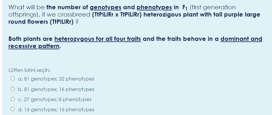 What will be the number of genotypes and phenotypes in F1 (first generation
offsprings), if we crossbreed (TIPILIRI x TIPILIRI) heterozigous plant with tall purple large
round flowers (T†PILIRF) ?
Both plants are heterozygous for all four traits and the traits behave in a dominant and
recessive pattern.
Lütfen birini seçin:
O a. 81 genotypes; 32 phenotypes
O b. 81 genotypes; 16 phenotypes
O c. 27 genotypes; 8 phenotypes
O d. 16 genotypes; 16 phenotypes
