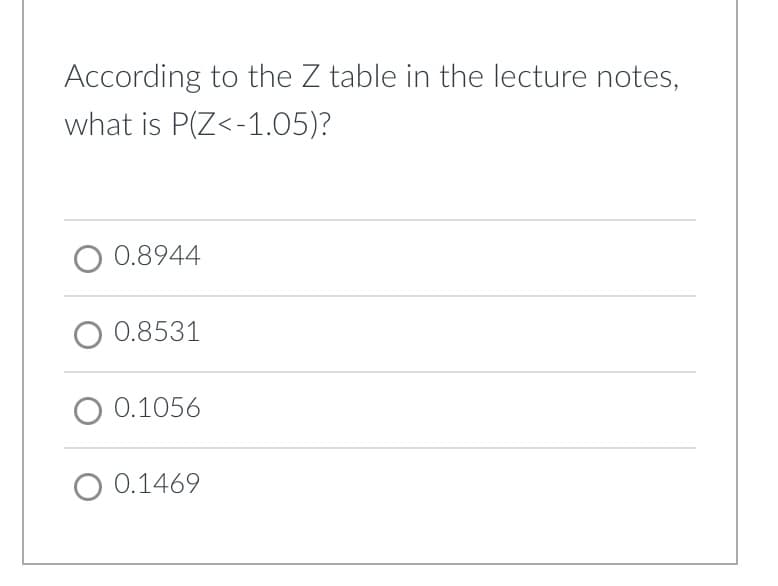 According to the Z table in the lecture notes,
what is P(Z<-1.05)?
0.8944
0.8531
0.1056
O 0.1469
