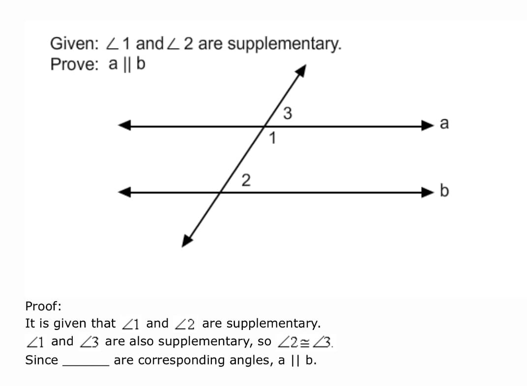 Given: 21 andZ 2 are supplementary.
Prove: a || b
3
a
1
2
b
Proof:
It is given that Z1 and 22 are supplementary.
Z1 and 23 are also supplementary, so 22=3.
Since
are corresponding angles, a || b.
