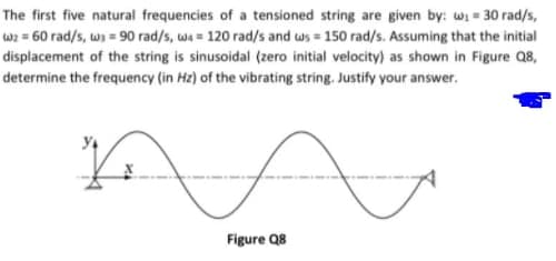 The first five natural frequencies of a tensioned string are given by: wi = 30 rad/s,
wz = 60 rad/s, w) = 90 rad/s, wa = 120 rad/s and ws = 150 rad/s. Assuming that the initial
displacement of the string is sinusoidal (zero initial velocity) as shown in Figure Q8,
determine the frequency (in Hz) of the vibrating string. Justify your answer.
Figure Q8
