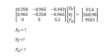 [0,258 -0,965 -0,3421 [FF
0,965 -0,258 -0,965 Fj
0
0
5,2 FA
FF = ?
Fj=?
FA= ?
-
52,6
568,98
9562