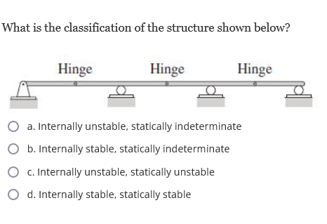 **Classification of Structure - Educational Analysis**

**Question:**
What is the classification of the structure shown below?

**Diagram Description:**
The diagram illustrates a structural configuration featuring a horizontal beam supported by various support elements. These elements are specified to include:

- Three hinges along the length of the beam.
- Four vertical supports at the beam's endpoints and beneath each hinge.

**Diagram Elements:**
1. **Hinge:** Represented multiple times (three hinges are shown) along the horizontal beam. Hinges are mechanical bearings that connect two solid objects, typically allowing only a limited angle of rotation between them.
2. **Supports:** Located at the endpoints of the beam and directly under each hinge.

**Answer Choices:**
a. Internally unstable, statically indeterminate

b. Internally stable, statically indeterminate

c. Internally unstable, statically unstable

d. Internally stable, statically stable