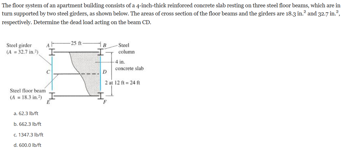 **Analyzing the Dead Load on Beam CD in a Steel Girder-Supported Floor System**

The floor system of an apartment building features a 4-inch-thick reinforced concrete slab supported by three steel floor beams. These beams are in turn supported by two steel girders. In the figure provided, key dimensions and details of the structural elements are illustrated.

### Structural Layout:

- **Steel girder (A-B) (Cross-sectional area = 32.7 in²)**
- **Steel floor beams (C-D and E-F) (Cross-sectional area = 18.3 in² each)**
- **4-inch reinforced concrete slab** 

**Dimensions:**

- The distance between the steel girders (A-B) is 25 feet.
- The concrete slab n distance supported by two floor beams (C-D and E-F) totaling 24 feet (2 beams at 12 feet each).

### Diagram Explanation:

The diagram displays the structural setup:

1. **Horizontal Girders (A-B and E-F):**
   - These girders consist of cross-sectional areas of 32.7 in².
   - Span between A and B is 25 feet.

2. **Steel Columns:**
   - Provide vertical support at both ends of each girder.

3. **Concrete Slab:**
   - Reinforced with a thickness of 4 inches.
   - Spans between floor beams spaced 12 feet apart.

4. **Floor Beams (C-D and E-F):**
   - Each floor beam has a cross-sectional area of 18.3 in².
   - Each beam spans 24 feet as it collectively supports the concrete slab with two beams each spanning 12 feet.

### Objective:

Determine the dead load acting specifically on beam CD.

### Answer Choices:

a. 62.3 lb/ft
b. 662.3 lb/ft
c. 1347.3 lb/ft
d. 600.0 lb/ft

To solve this, one typically needs to calculate the weight distribution of the concrete slab, integrate the support provided by the steel beams and girders, and determine the load specifically on the beam CD.

This type of problem is integral in structural engineering to ensure the floor system can safely support the intended loads without failure.