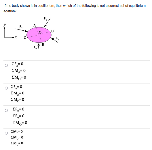 If the body shown is in equilibrium, then which of the following is not a correct set of equilibrium
eqation?
B
ΣΕ = 0
ΣΜΑ= 0
ΣΜ = 0
Ο ΣF= 0
= 0
ΣΜΑΞΙ
ΣΜ = 0
ΣΕ = 0
X
ΣF= 0
ΣΜ.= 0
ΣΜ = 0
ΣMo=0
ΣMo=0