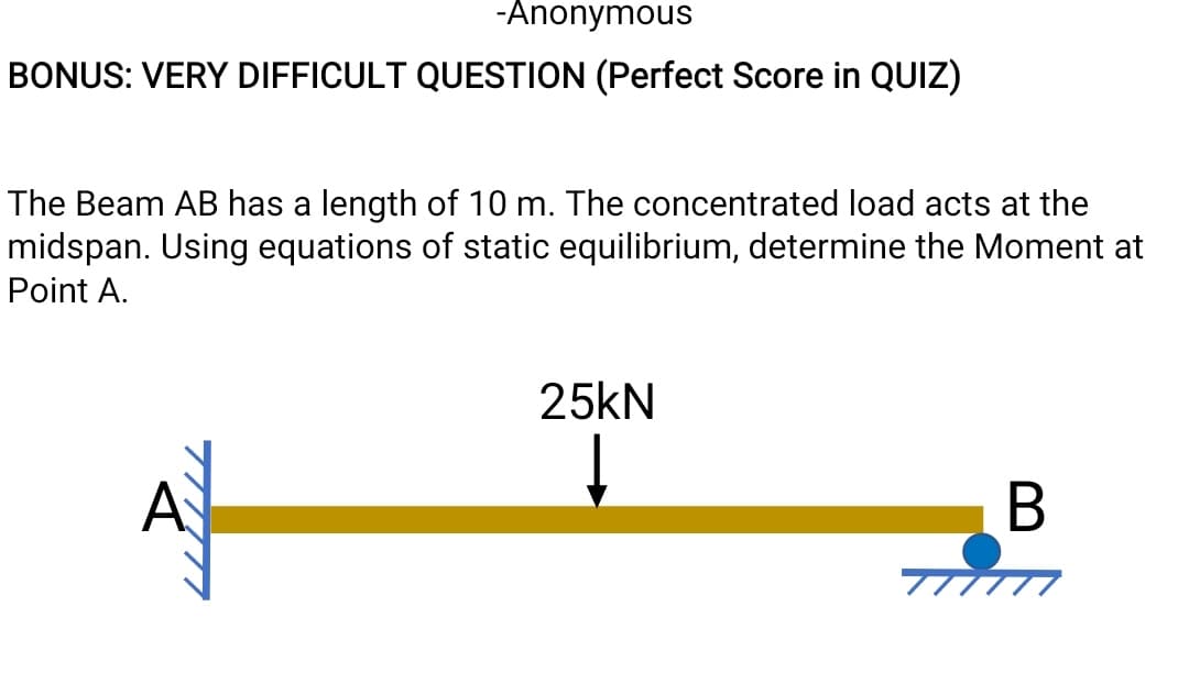 -Anonymous
BONUS: VERY DIFFICULT QUESTION (Perfect Score in QUIZ)
The Beam AB has a length of 10 m. The concentrated load acts at the
midspan. Using equations of static equilibrium, determine the Moment at
Point A.
25KN
A
