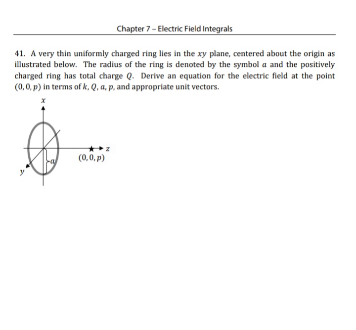 Chapter 7- Electric Field Integrals
41. A very thin uniformly charged ring lies in the xy plane, centered about the origin as
illustrated below. The radius of the ring is denoted by the symbol a and the positively
charged ring has total charge Q. Derive an equation for the electric field at the point
(0,0, p) in terms of k, Q, a, p, and appropriate unit vectors.
(0,0, p)
y
