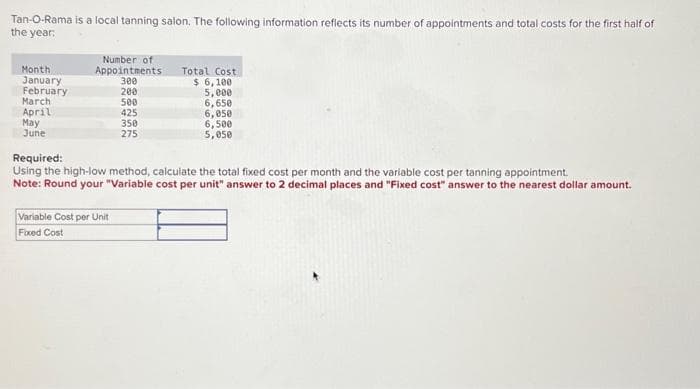 Tan-O-Rama is a local tanning salon. The following information reflects its number of appointments and total costs for the first half of
the year:
Month
January
February
March
April
May
June
Number of
Appointments
300
200
500
425
350
275
Variable Cost per Unit
Fixed Cost
Total Cost
$ 6,100
5,000
6,650
6,050
6,500
5,050
Required:
Using the high-low method, calculate the total fixed cost per month and the variable cost per tanning appointment.
Note: Round your "Variable cost per unit" answer to 2 decimal places and "Fixed cost" answer to the nearest dollar amount.