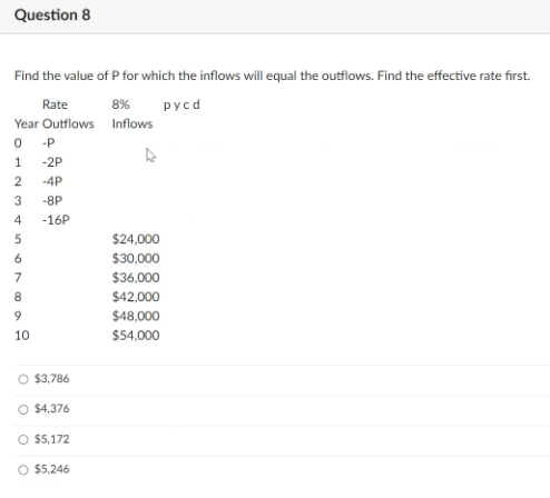 Question 8
Find the value of P for which the inflows will equal the outflows. Find the effective rate first.
Rate
pycd
8%
Inflows
Year Outflows
0 -P
1
2
3
4
5
6
7
8
9
10
-2P
-4P
-8P
-16P
O $3,786
O $4,376
O $5,172
O $5,246
$24,000
$30,000
$36,000
$42,000
$48,000
$54,000