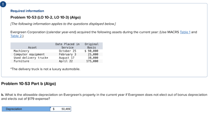 Required information
Problem 10-53 (LO 10-2, LO 10-3) (Algo)
[The following information applies to the questions displayed below.]
Evergreen Corporation (calendar year-end) acquired the following assets during the current year: (Use MACRS Table 1 and
Table 2.)
Asset
Machinery
Date Placed in
Service
October 25
February 3
August 17
Computer equipment
Used delivery truck*
Furniture
April 22
*The delivery truck is not a luxury automobile.
Depreciation
Problem 10-53 Part b (Algo)
b. What is the allowable depreciation on Evergreen's property in the current year if Evergreen does not elect out of bonus depreciation
and elects out of $179 expense?
* $
Original
Basis
$ 90,000
50,469
25,000
38,000
175,000