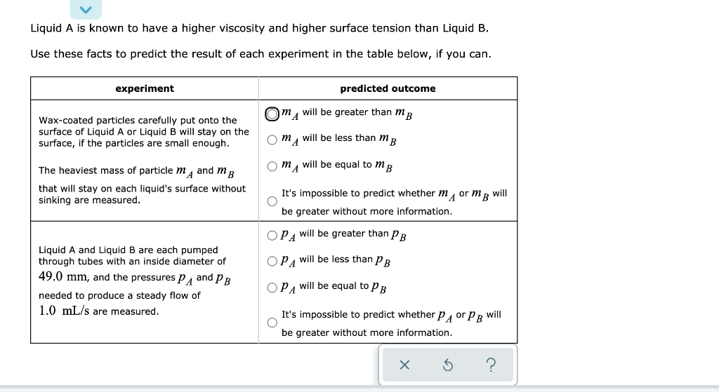 Liquid A is known to have a higher viscosity and higher surface tension than Liquid B.
Use these facts to predict the result of each experiment in the table below, if you can.
experiment
predicted outcome
Om, will be greater than mR
Wax-coated particles carefully put onto the
surface of Liquid A or Liquid B will stay on the
surface, if the particles are small enough.
m, will be less than mB
The heaviest mass of particle m4 and mB
ma will be equal to mB
that will stay on each liquid's surface without
sinking are measured.
It's impossible to predict whether m, or mR will
B
be greater without more information.
OPA will be greater than PB
Liquid A and Liquid B are each pumped
through tubes with an inside diameter of
OPA will be less than PB
49.0 mm, and the pressures Pa and PB
OPA will be equal to PB
needed to produce a steady flow of
1.0 mL/s are measured.
It's impossible to predict whether PA or PB will
be greater without more information.
