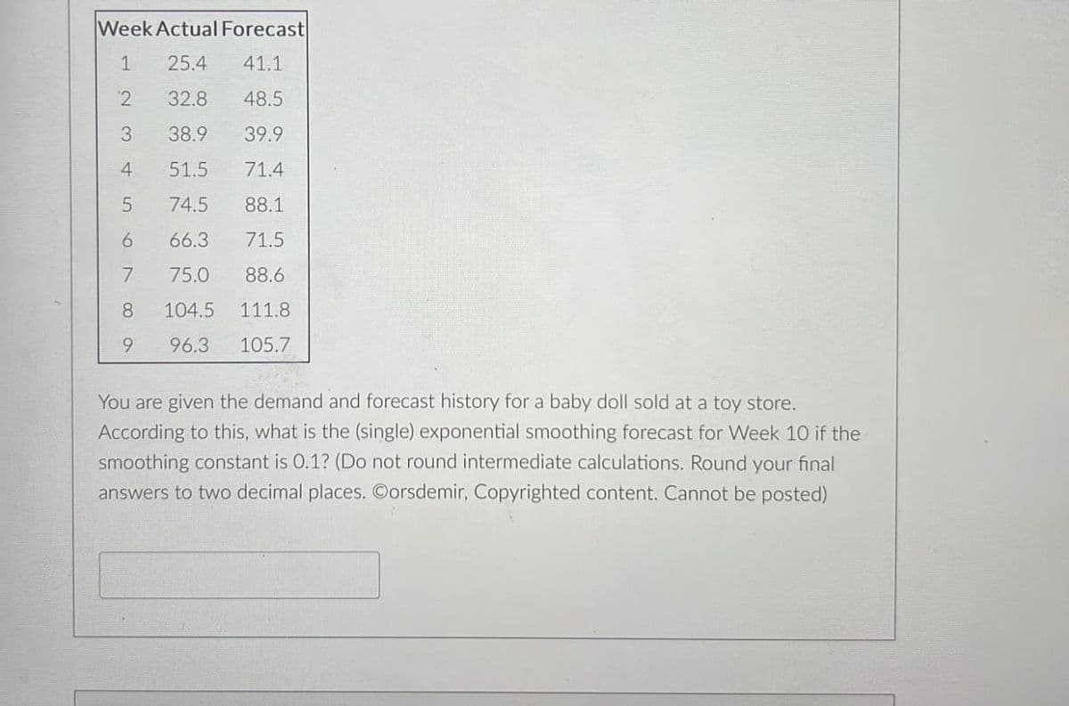 Week Actual Forecast
1
25.4 41.1
2
3 38.9
32.8 48.5
39.9
51.5 71.4
5
74.5 88.1
6
66.3
71.5
7 75.0 88.6
8
104.5
111.8
9
96.3
105.7
4.
You are given the demand and forecast history for a baby doll sold at a toy store.
According to this, what is the (single) exponential smoothing forecast for Week 10 if the
smoothing constant is 0.1? (Do not round intermediate calculations. Round your final
answers to two decimal places. Oorsdemir, Copyrighted content. Cannot be posted)