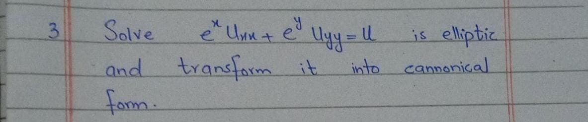 3
e* Uμx + ey
Un
Solve
and transform it
form.
elliptic
into cannonical
Uyy = U
is